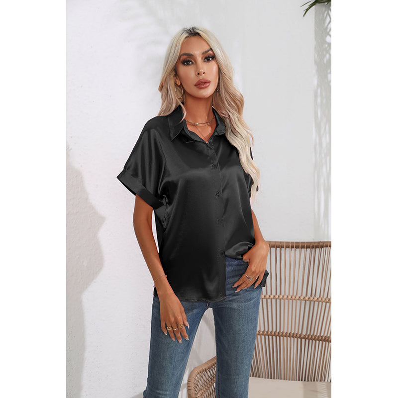 Black Extended Sleeves Shirt Style Satin Top