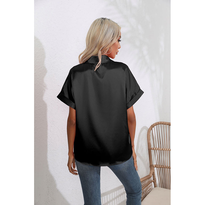 Black Extended Sleeves Shirt Style Satin Top