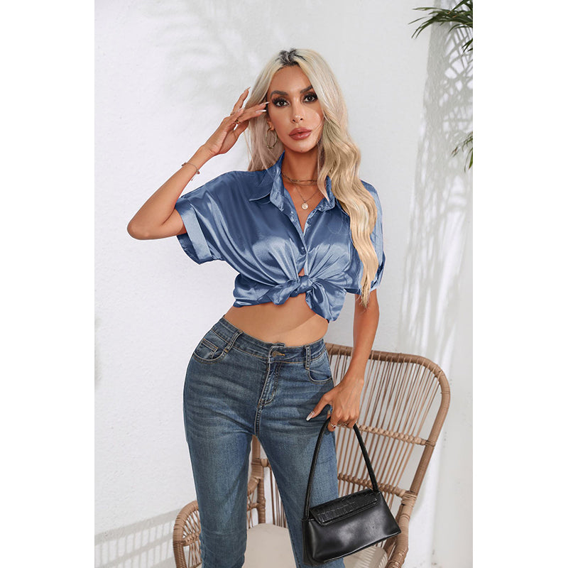 Blue Shirt Collar Shirt Style Top