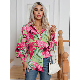 Green & Pink Floral Printed Puff Sleeves Spread Collar Casual Shirt