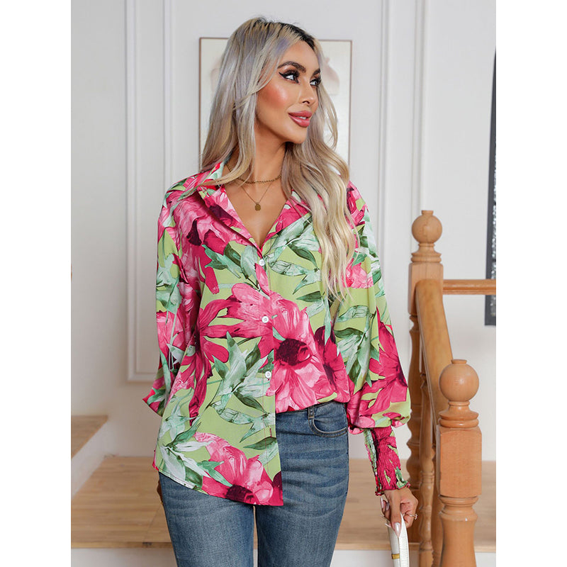 Green & Pink Floral Printed Puff Sleeves Spread Collar Casual Shirt
