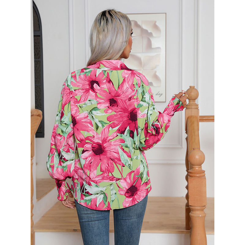 Green & Pink Floral Printed Puff Sleeves Spread Collar Casual Shirt