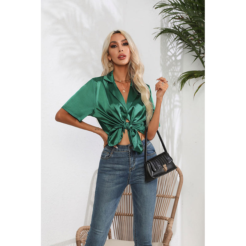 Tie Up Satin Shirt Style Top