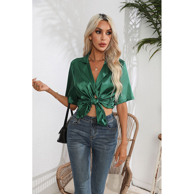Tie Up Satin Shirt Style Top