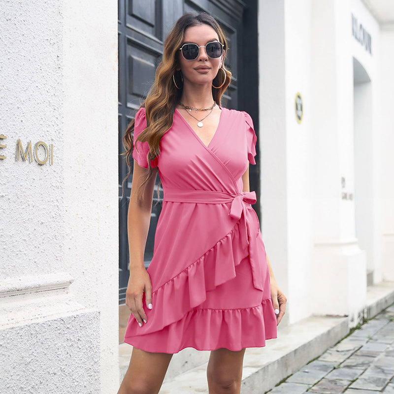 Pink V-Neck Flutter Sleeves Ruffles Detail Wrap Dress