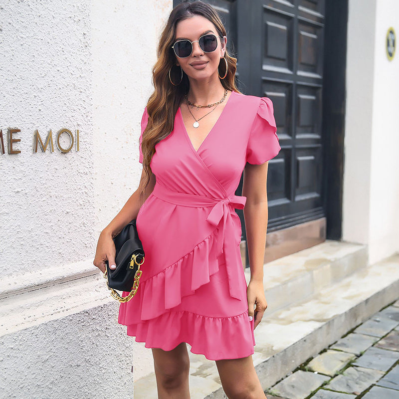 Pink V-Neck Flutter Sleeves Ruffles Detail Wrap Dress