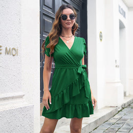 Green Flutter Sleeves Ruffled Wrap Dress