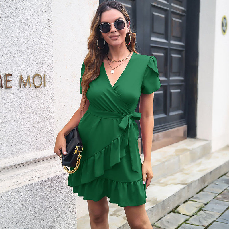 Green Flutter Sleeves Ruffled Wrap Dress