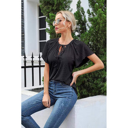 Black Self Design Flared Sleeves Tie-Up Neck Top