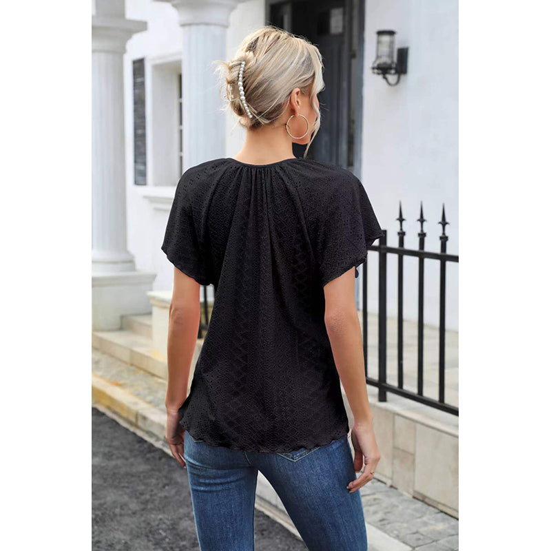 Black Self Design Flared Sleeves Tie-Up Neck Top