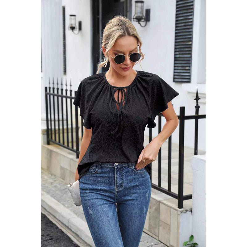 Black Self Design Flared Sleeves Tie-Up Neck Top