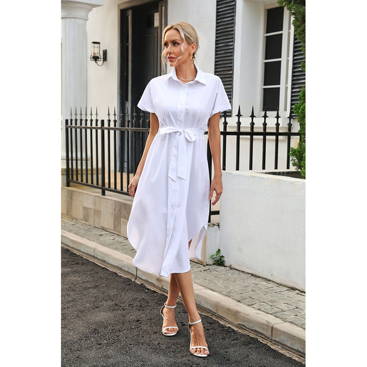 White Shirt Collar Tie-Ups Detail Shirt Midi Dress