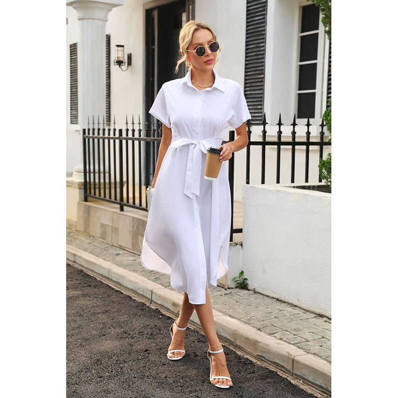 White Shirt Collar Tie-Ups Detail Shirt Midi Dress