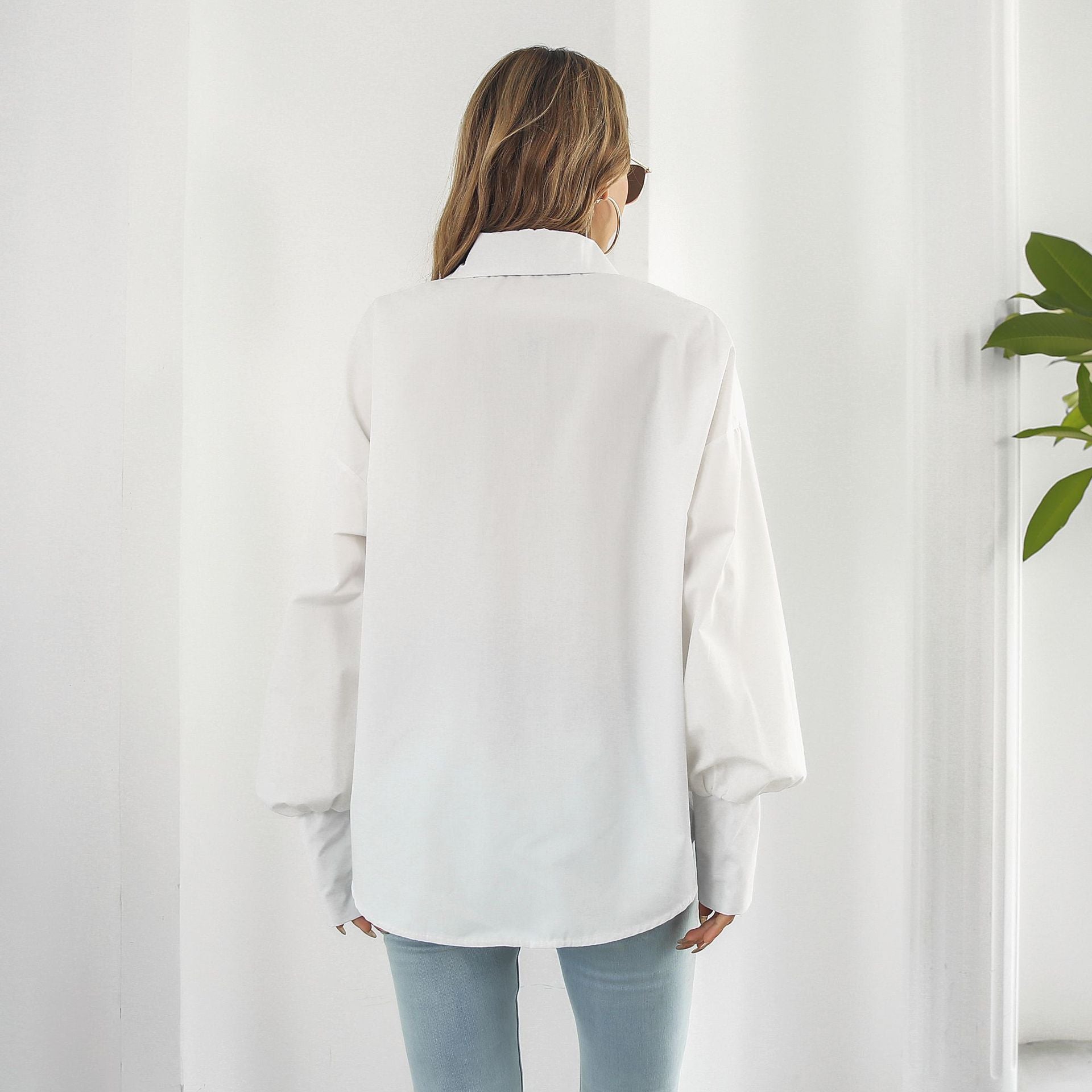 Women White Extended Sleeves Shirt Style Longline Top