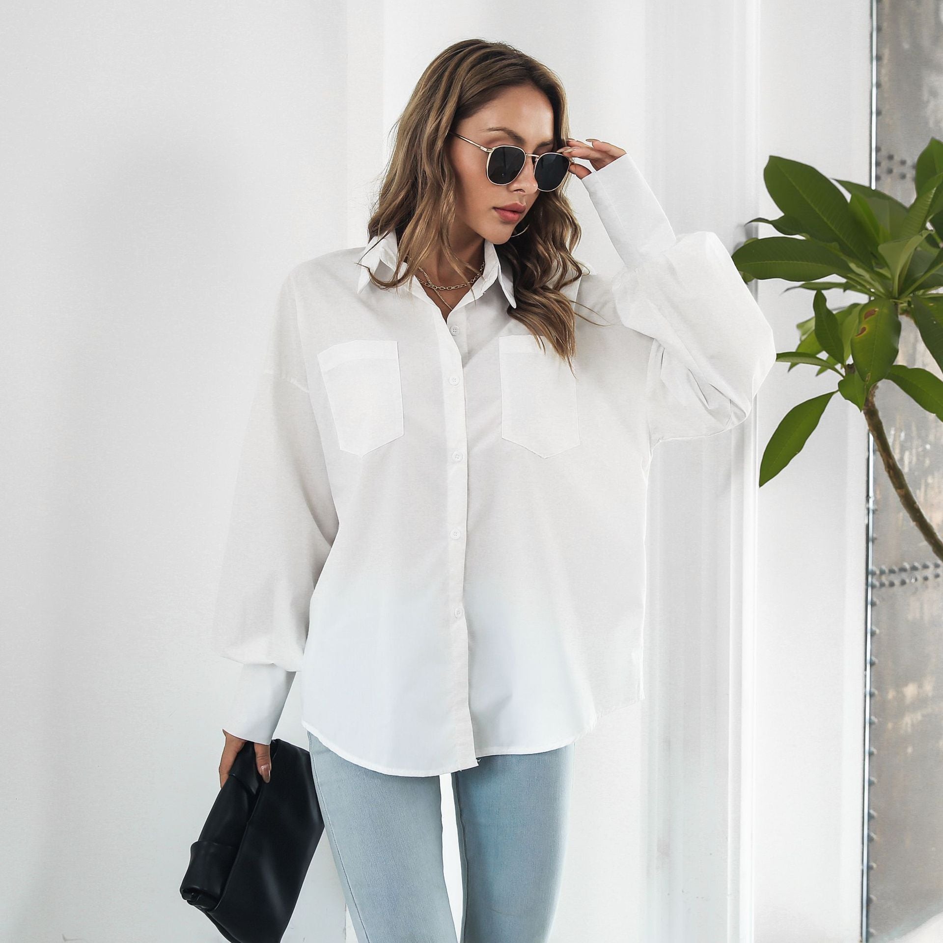 Women White Extended Sleeves Shirt Style Longline Top