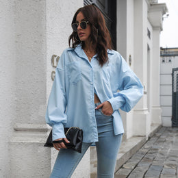 Women Blue Extended Sleeves Shirt Style Top
