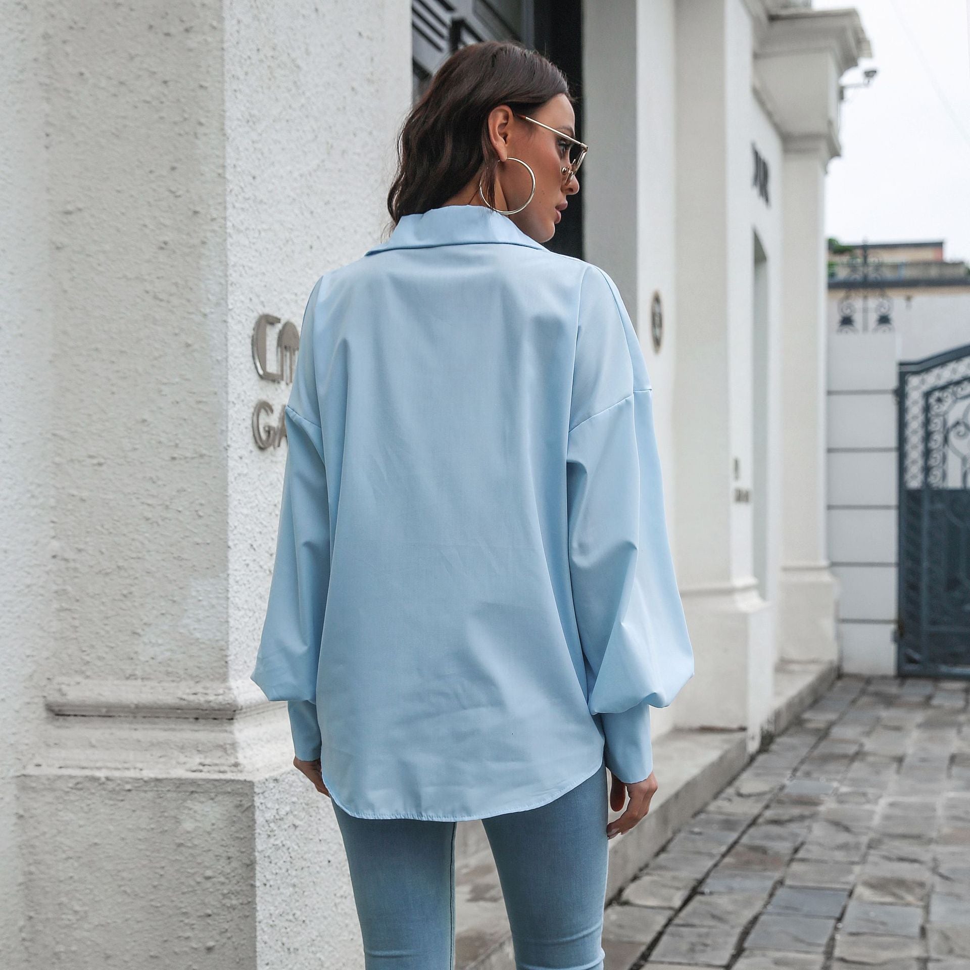Women Blue Extended Sleeves Shirt Style Top