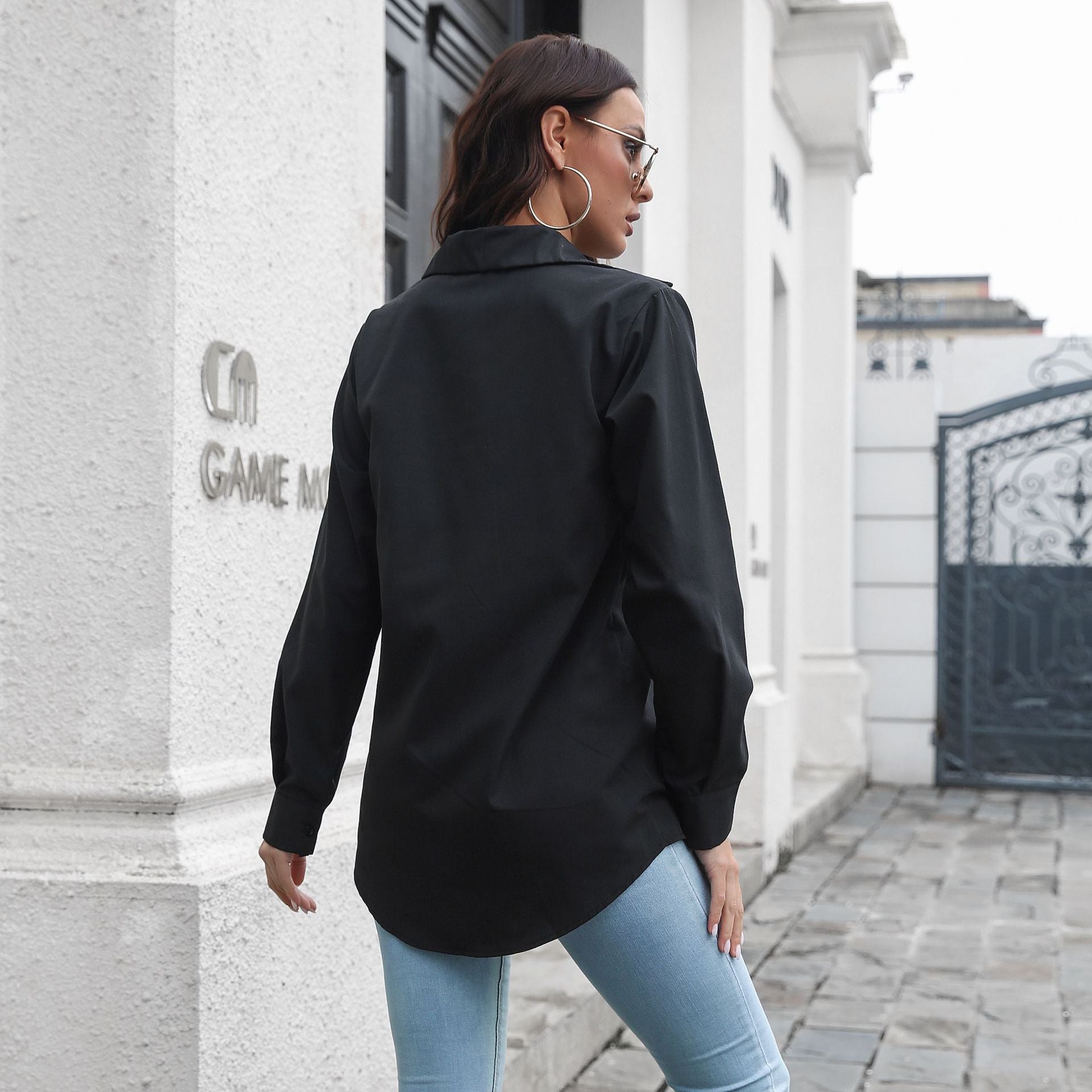Women Black Solid Shirt Style Top