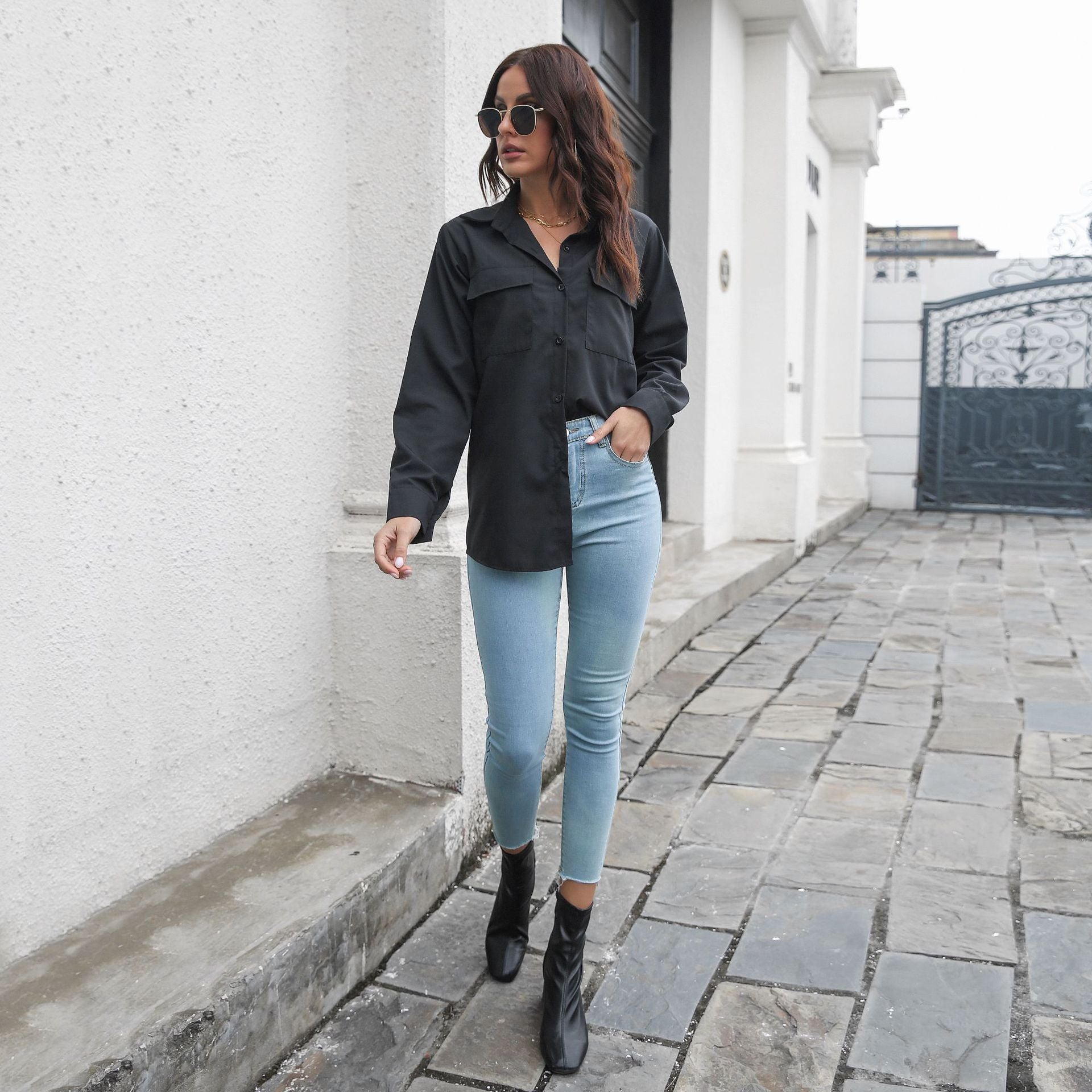 Women Black Solid Shirt Style Top
