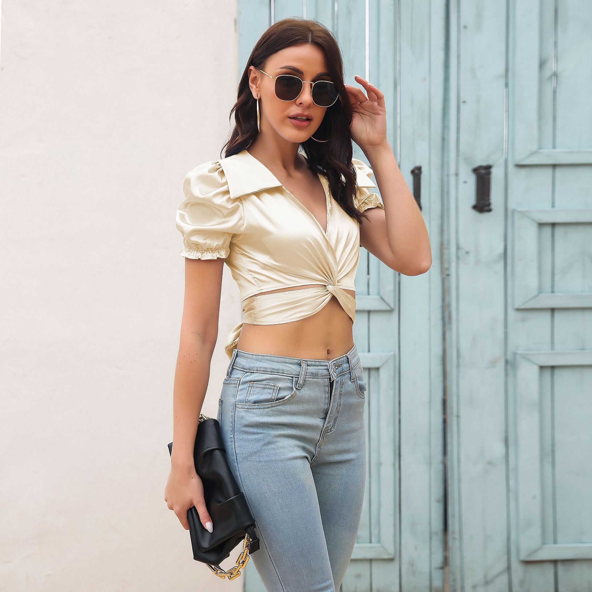 V-Neck Puff Sleeve Crop Top
