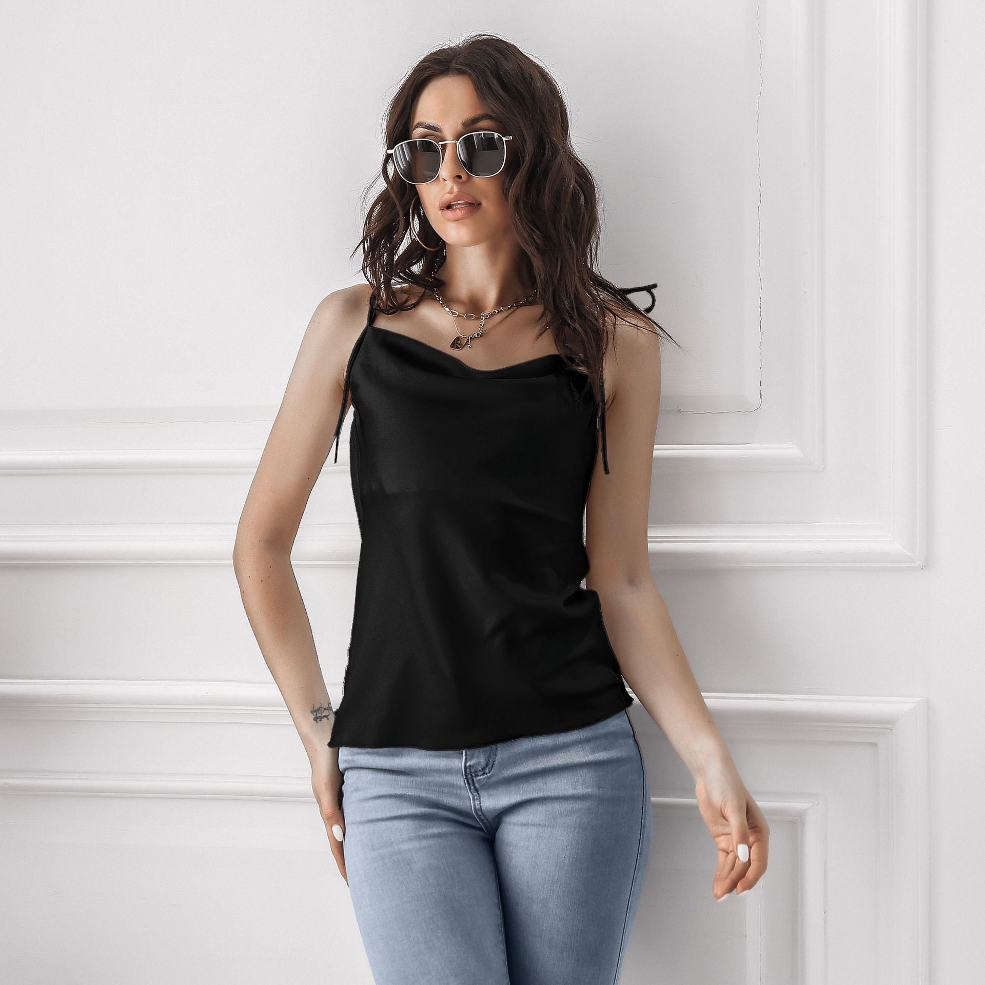 Women Black Cowl Neck Sleeveless Top