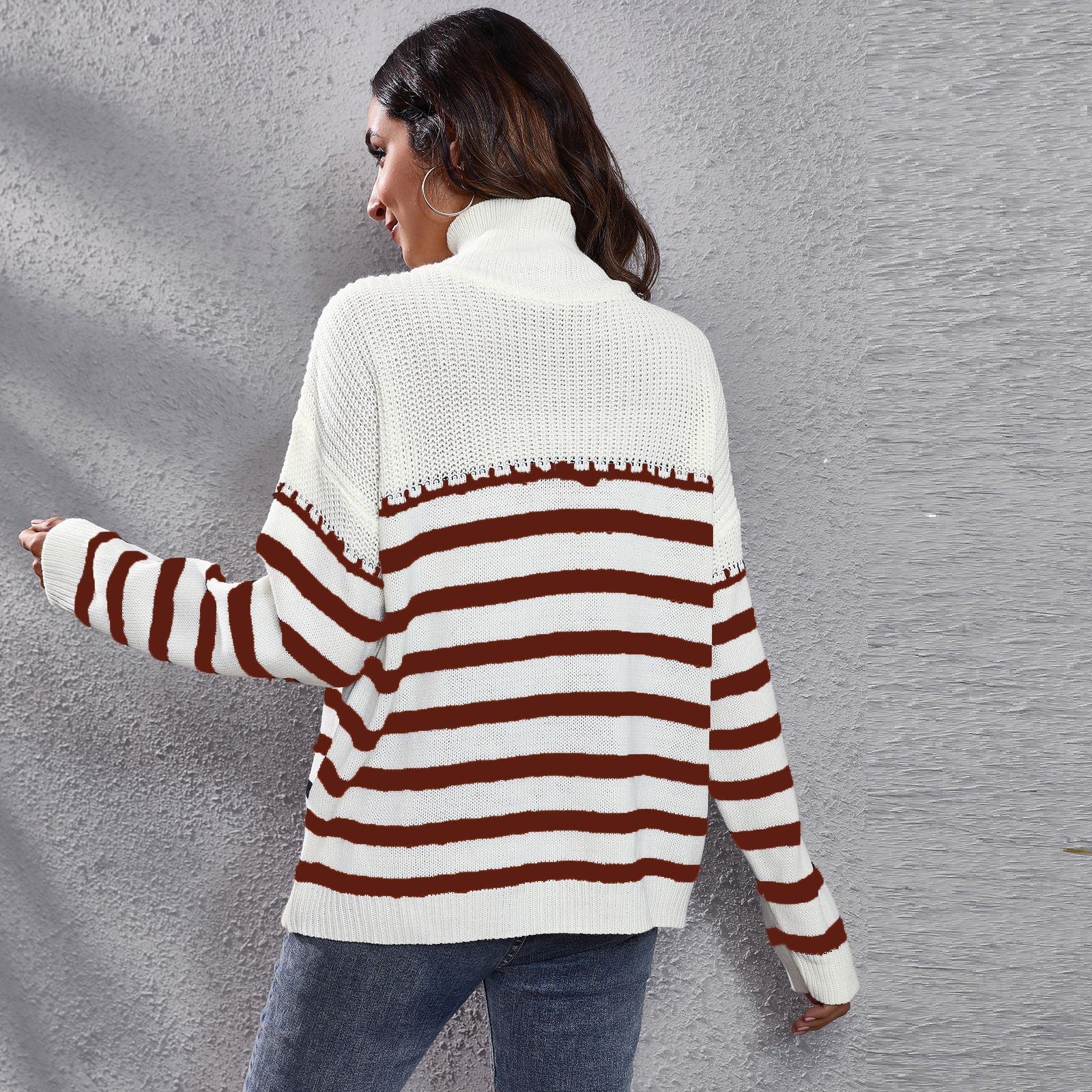 Women Brown & White Striped Acrylic Pullover