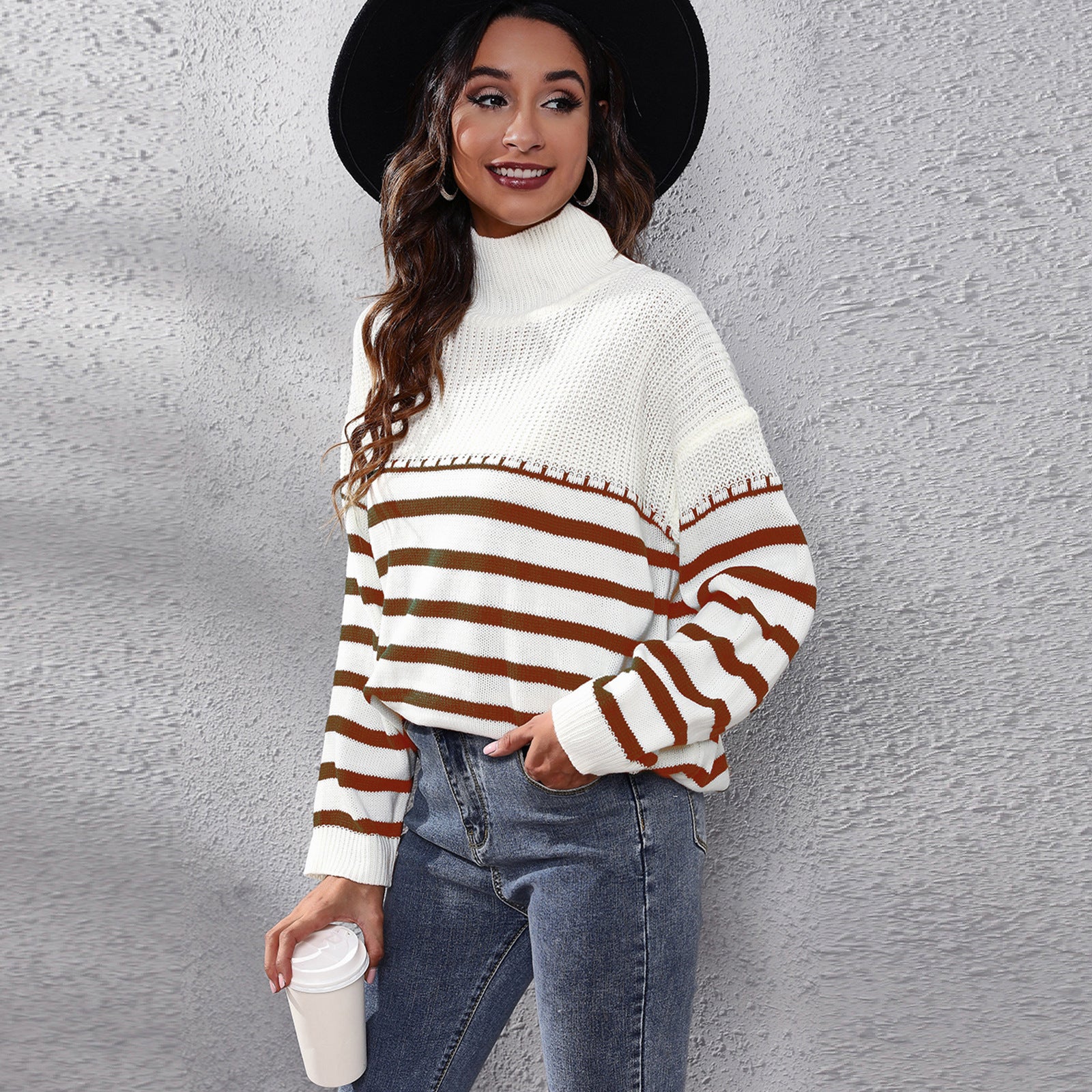 Women Brown & White Striped Acrylic Pullover