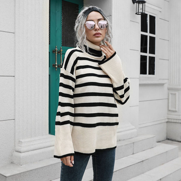 Beige Striped Turtle Neck Long Sleeves Acrylic Pullover Sweater