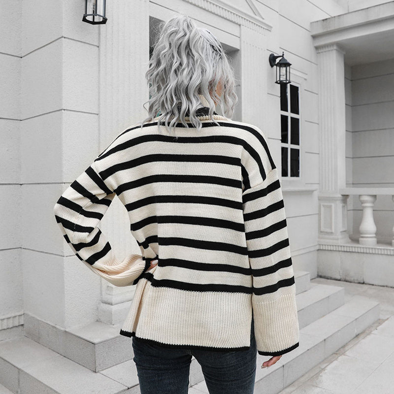 Beige Striped Turtle Neck Long Sleeves Acrylic Pullover Sweater