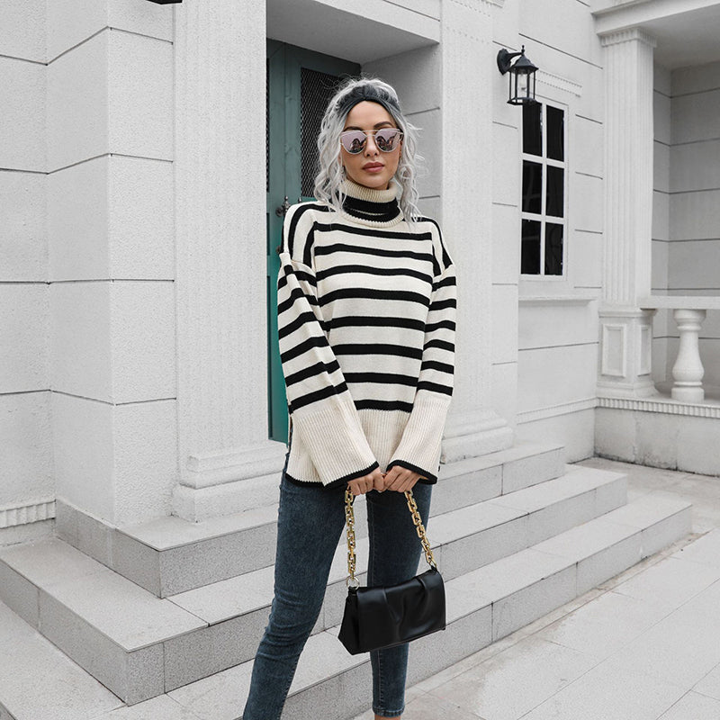 Beige Striped Turtle Neck Long Sleeves Acrylic Pullover Sweater