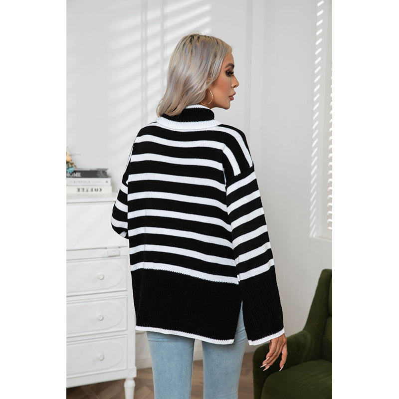 Striped Turtle Neck Acrylic Pullover Sweater