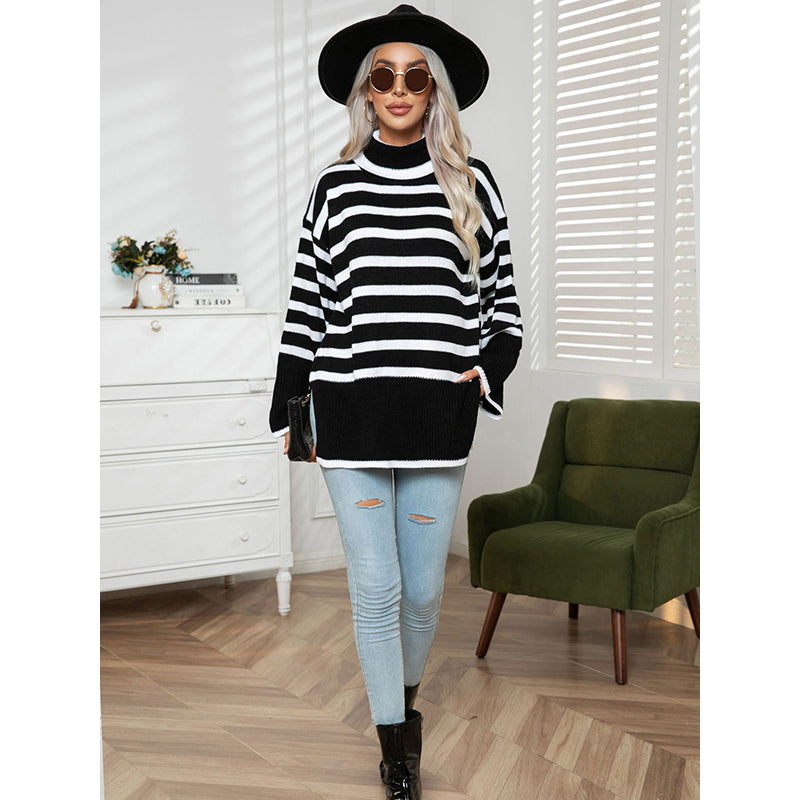 Striped Turtle Neck Acrylic Pullover Sweater