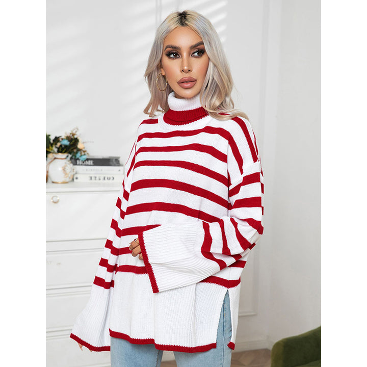 Red & White Striped Turtle Neck Pullover