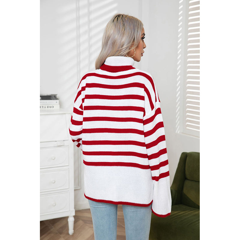 Red & White Striped Turtle Neck Pullover