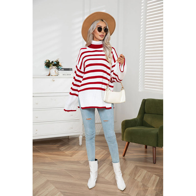 Red & White Striped Turtle Neck Pullover