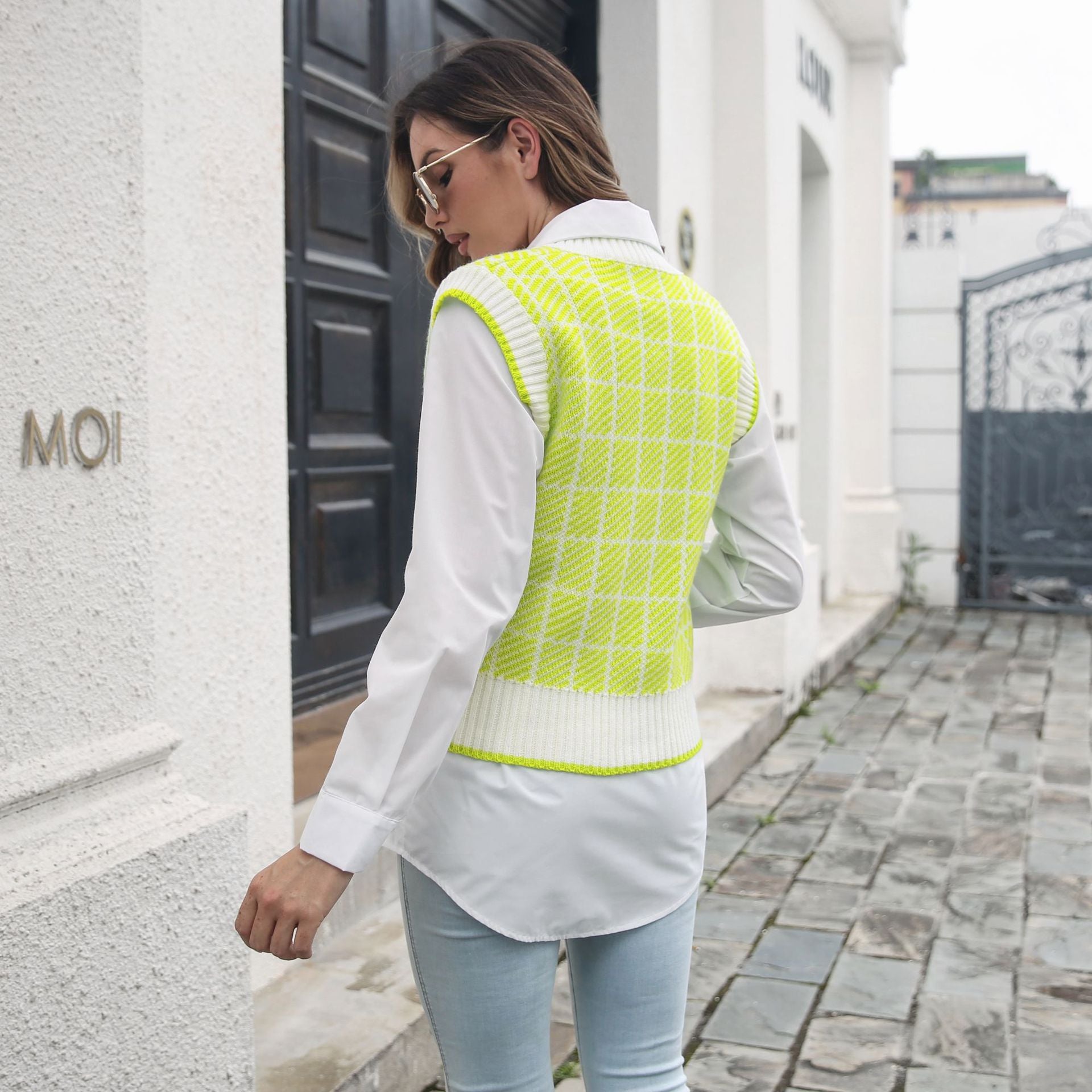 Women Fluorescent Green & White Checked Sweater