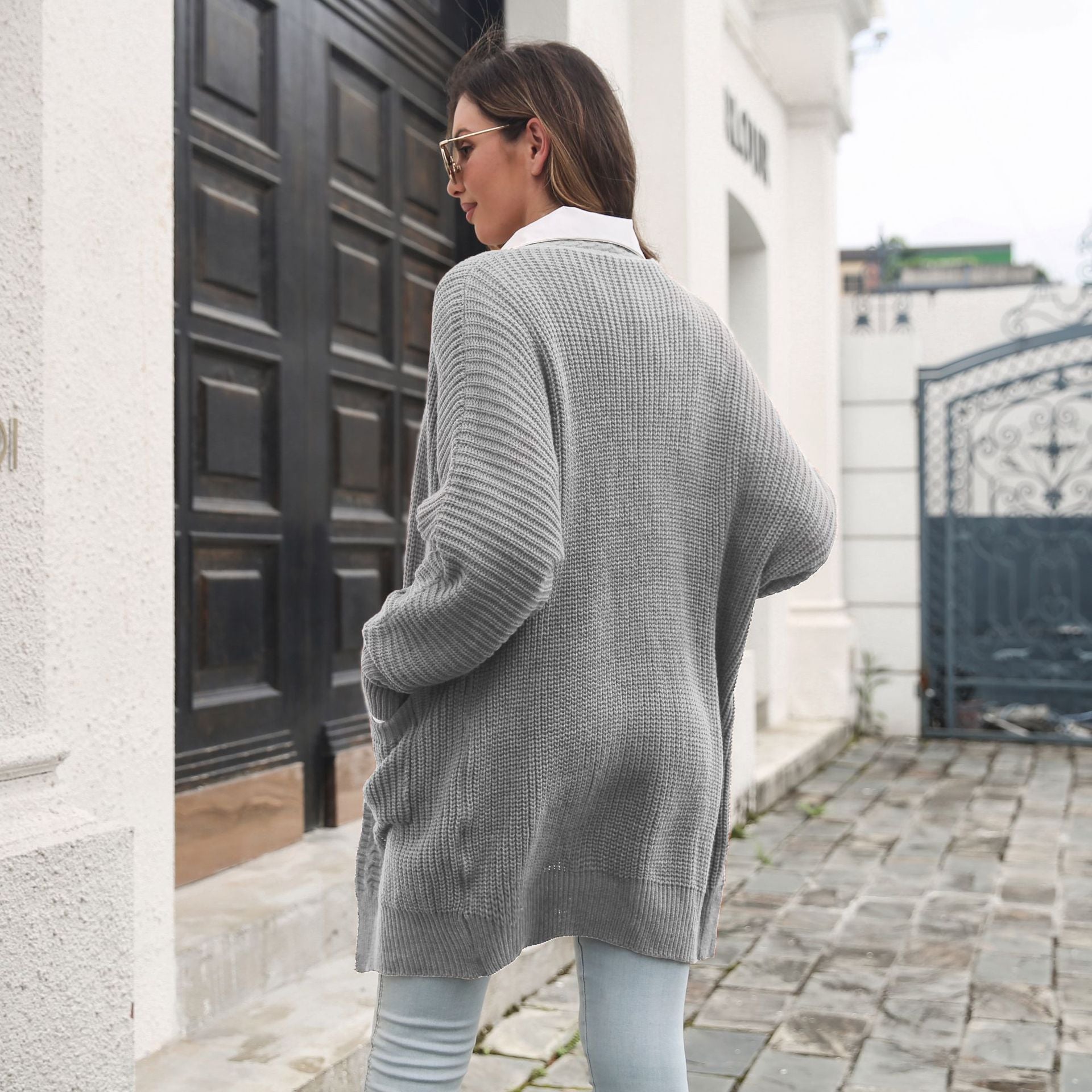 Women Grey Longline Solid Long Sleeves Sweater