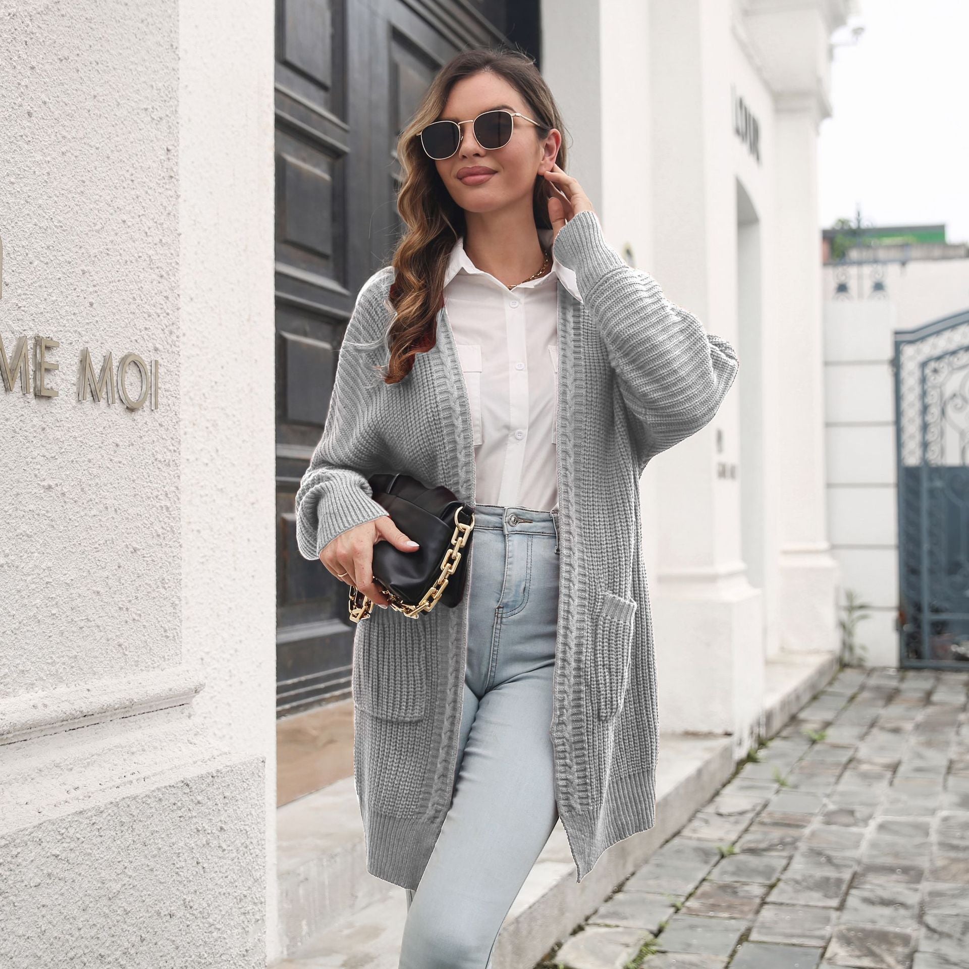 Women Grey Longline Solid Long Sleeves Sweater