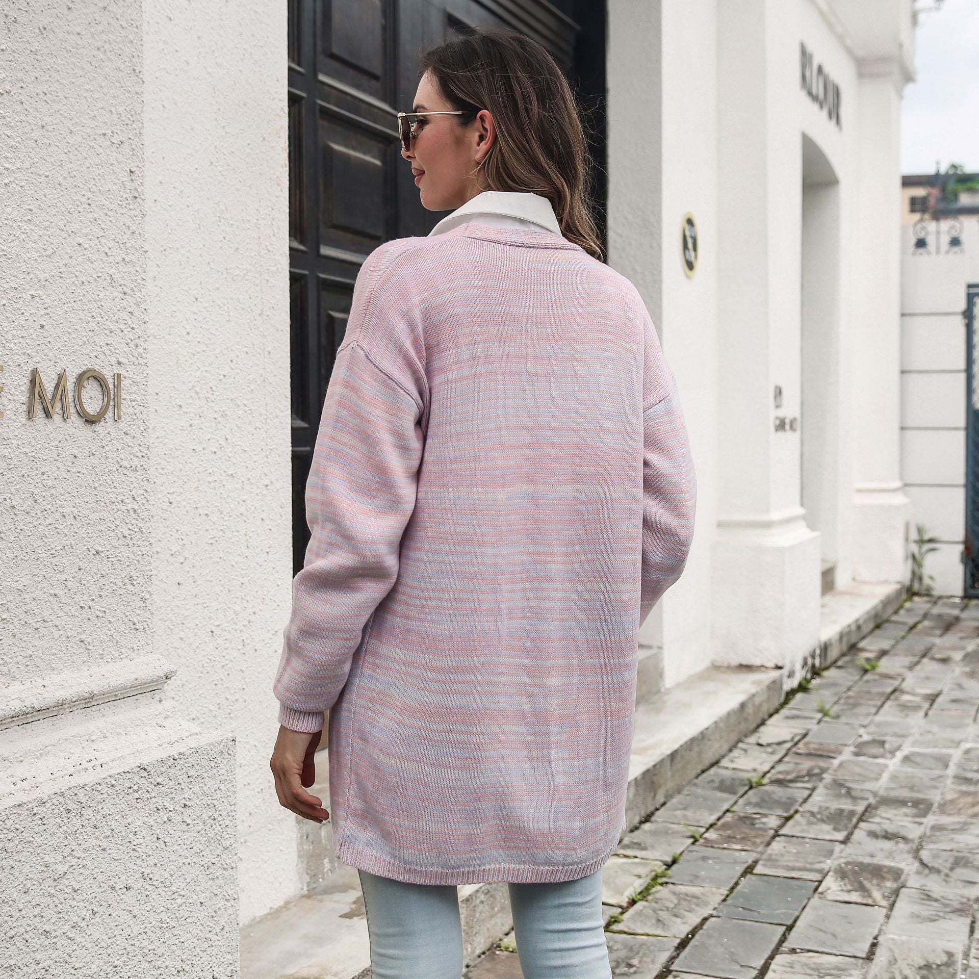 Women Pink Longline Solid Long Sleeves Sweater