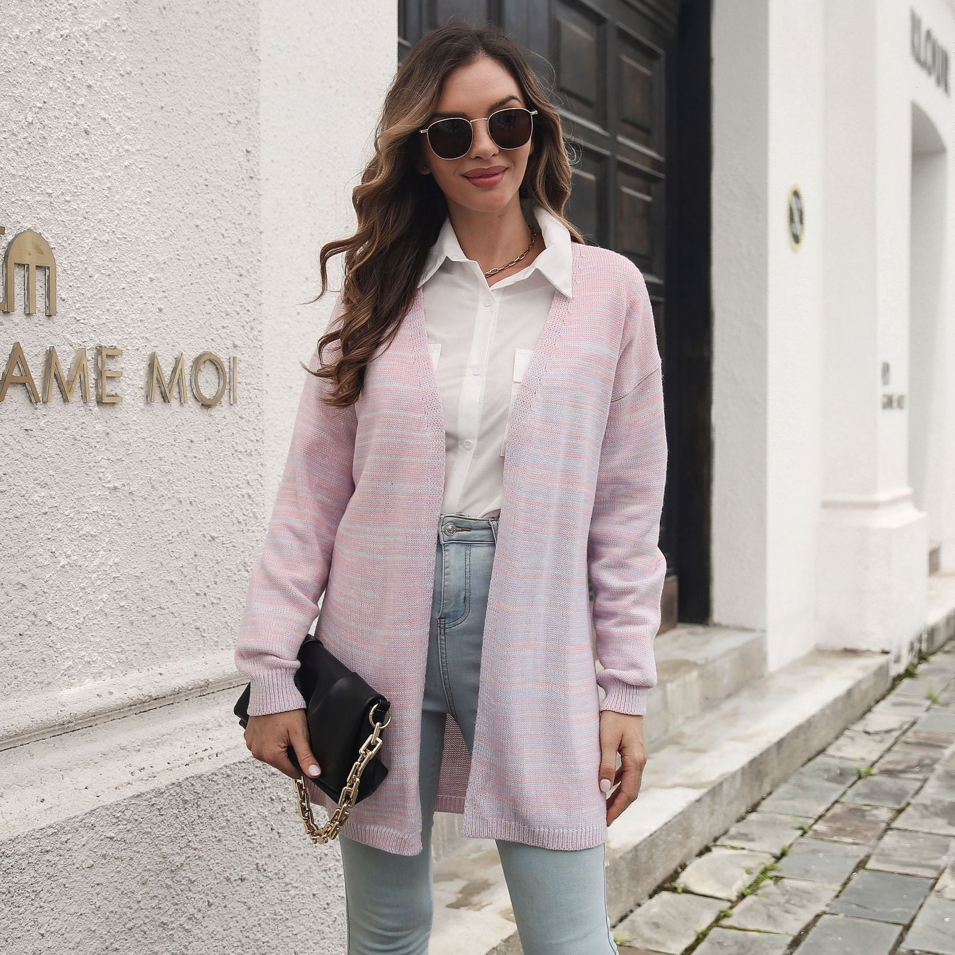 Women Pink Longline Solid Long Sleeves Sweater