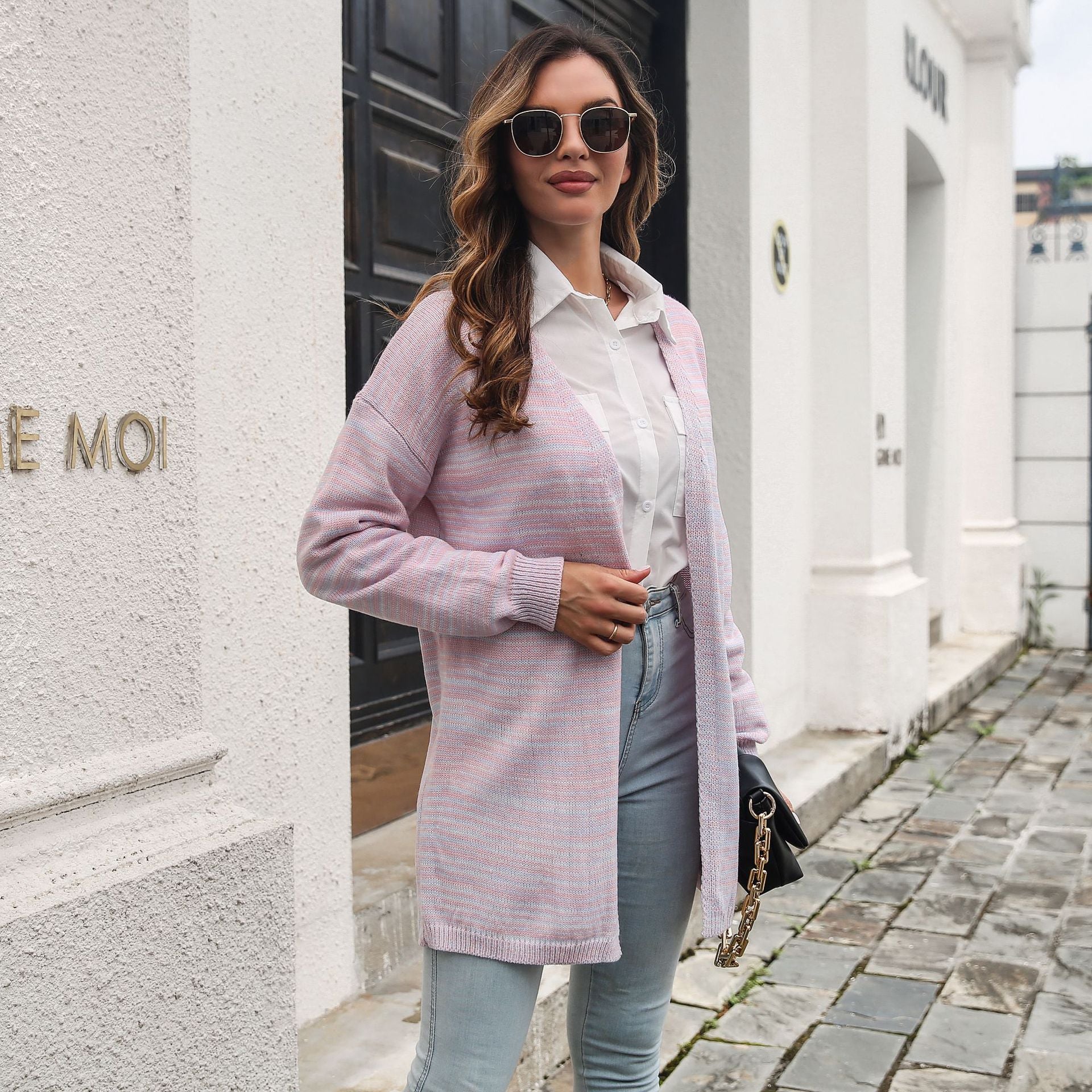 Women Pink Longline Solid Long Sleeves Sweater