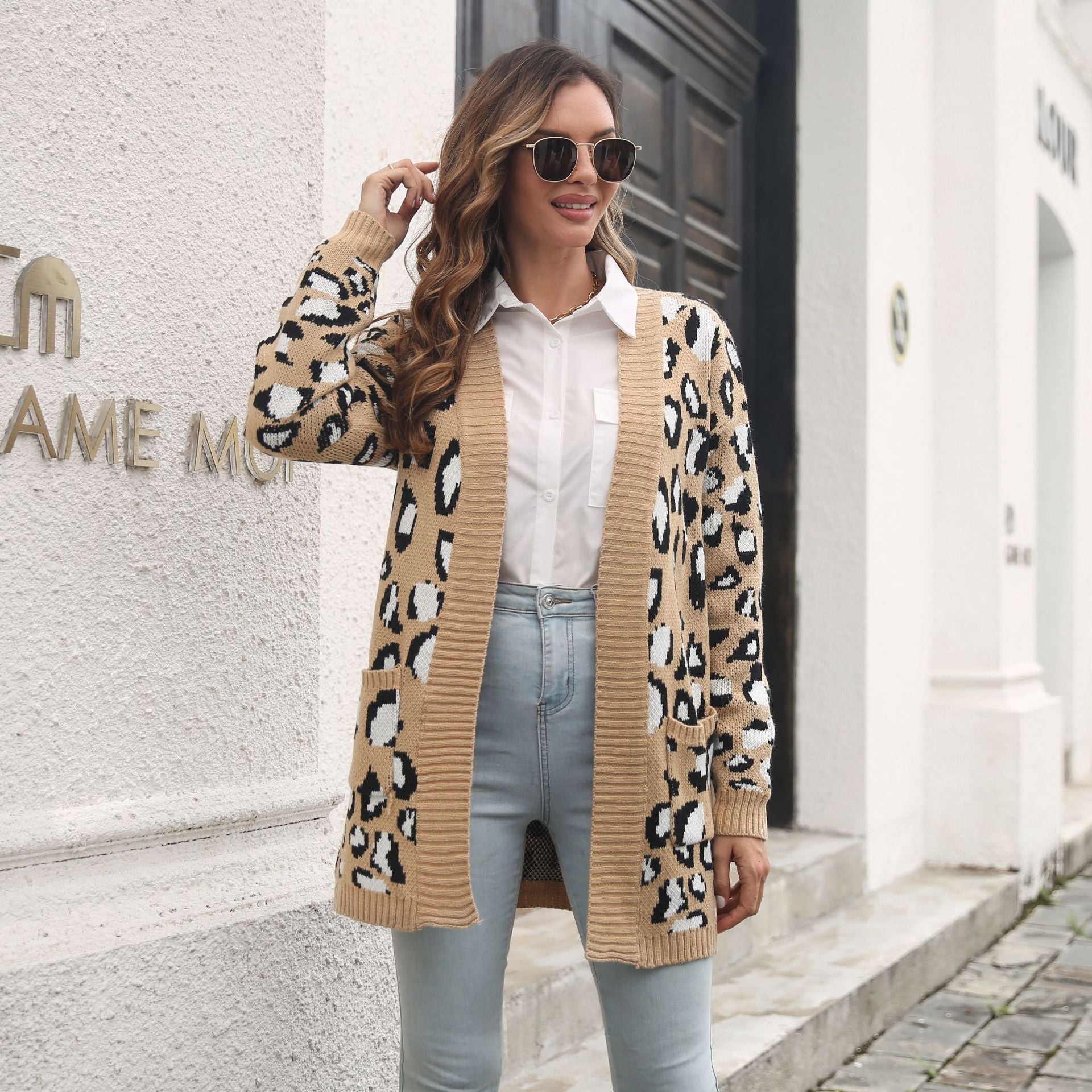 Women Beige Animal Printed Longline Sweater