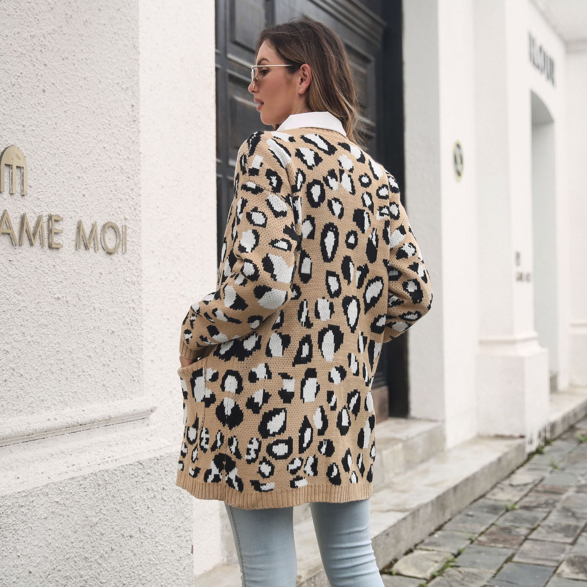Women Beige Animal Printed Longline Sweater