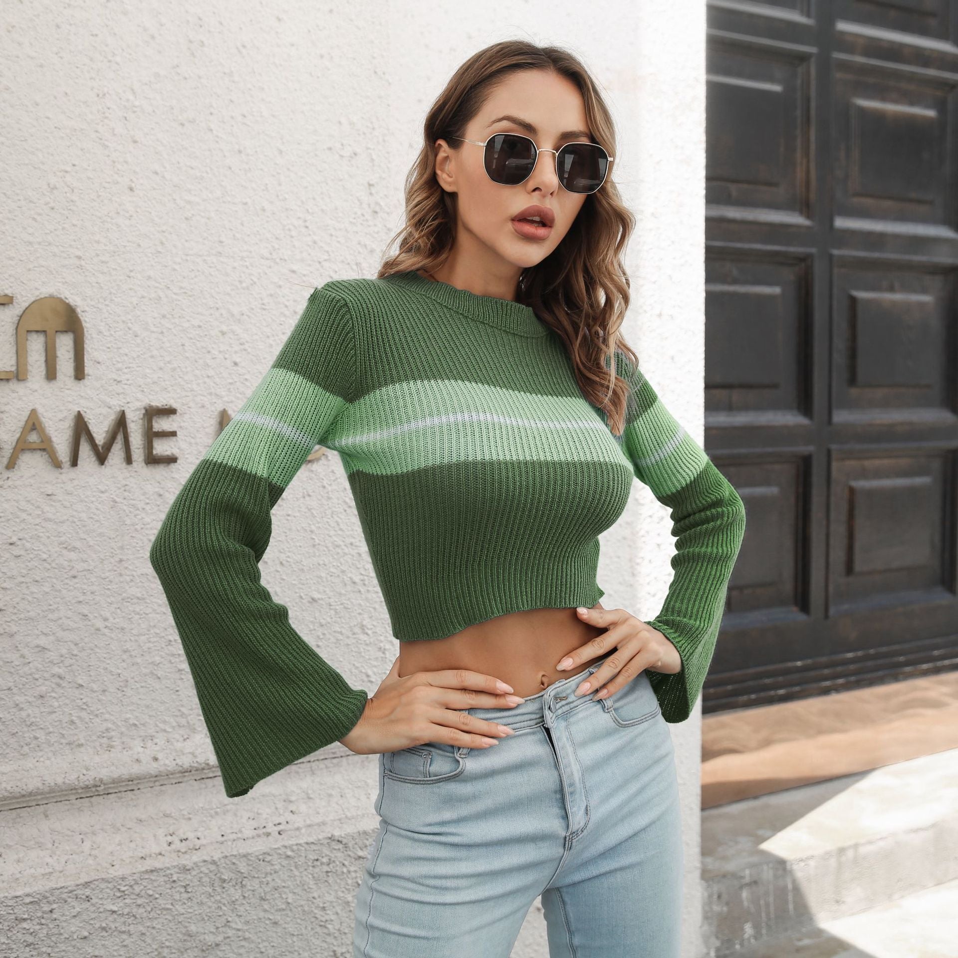 Women Green & White Striped Crop Pullover