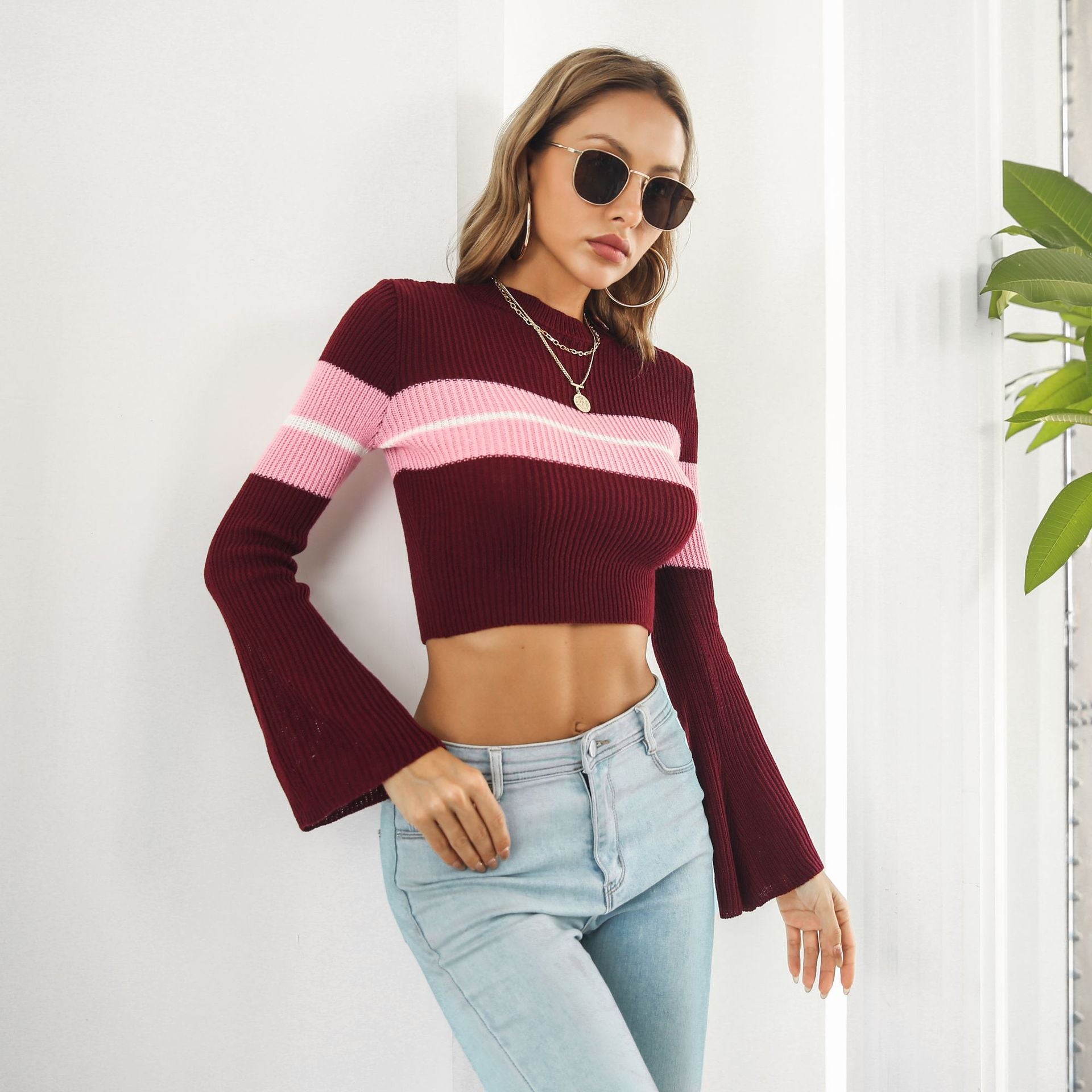 Women Maroon & Pink Striped Striped Crop Pullover