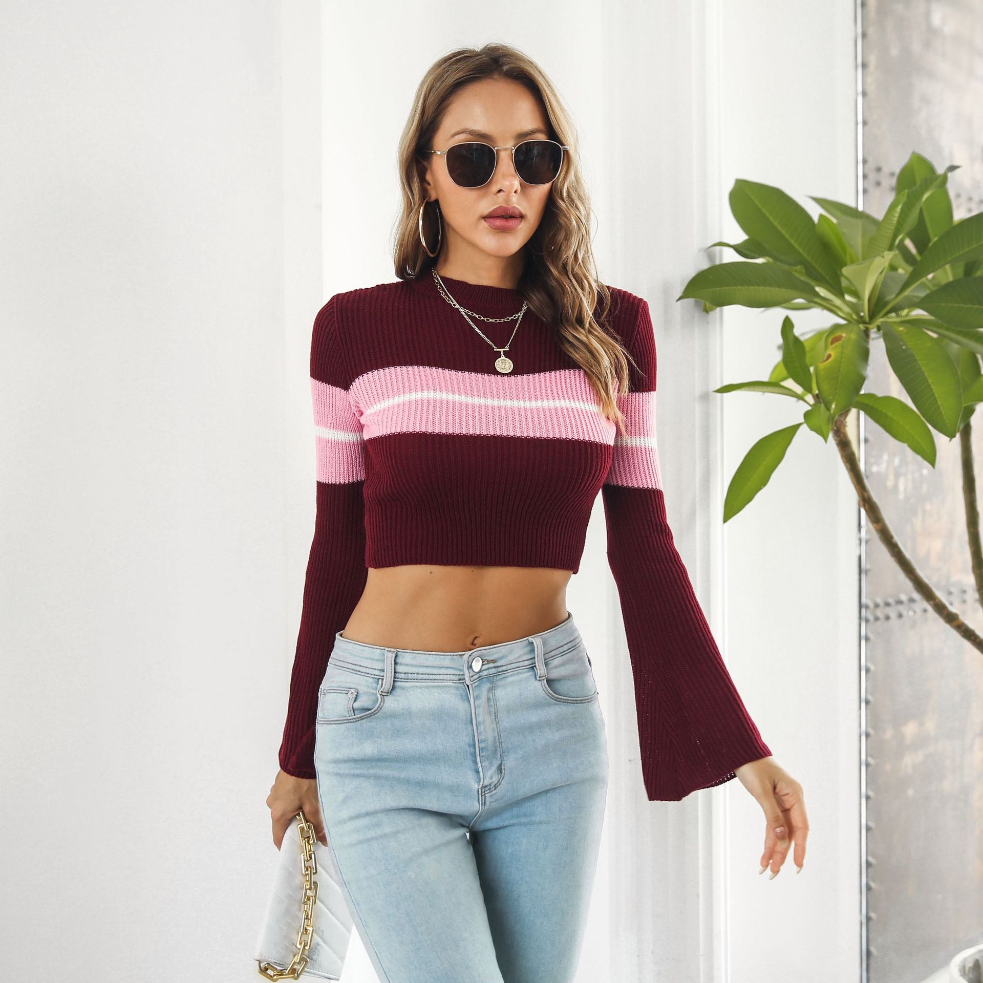 Women Maroon & Pink Striped Striped Crop Pullover