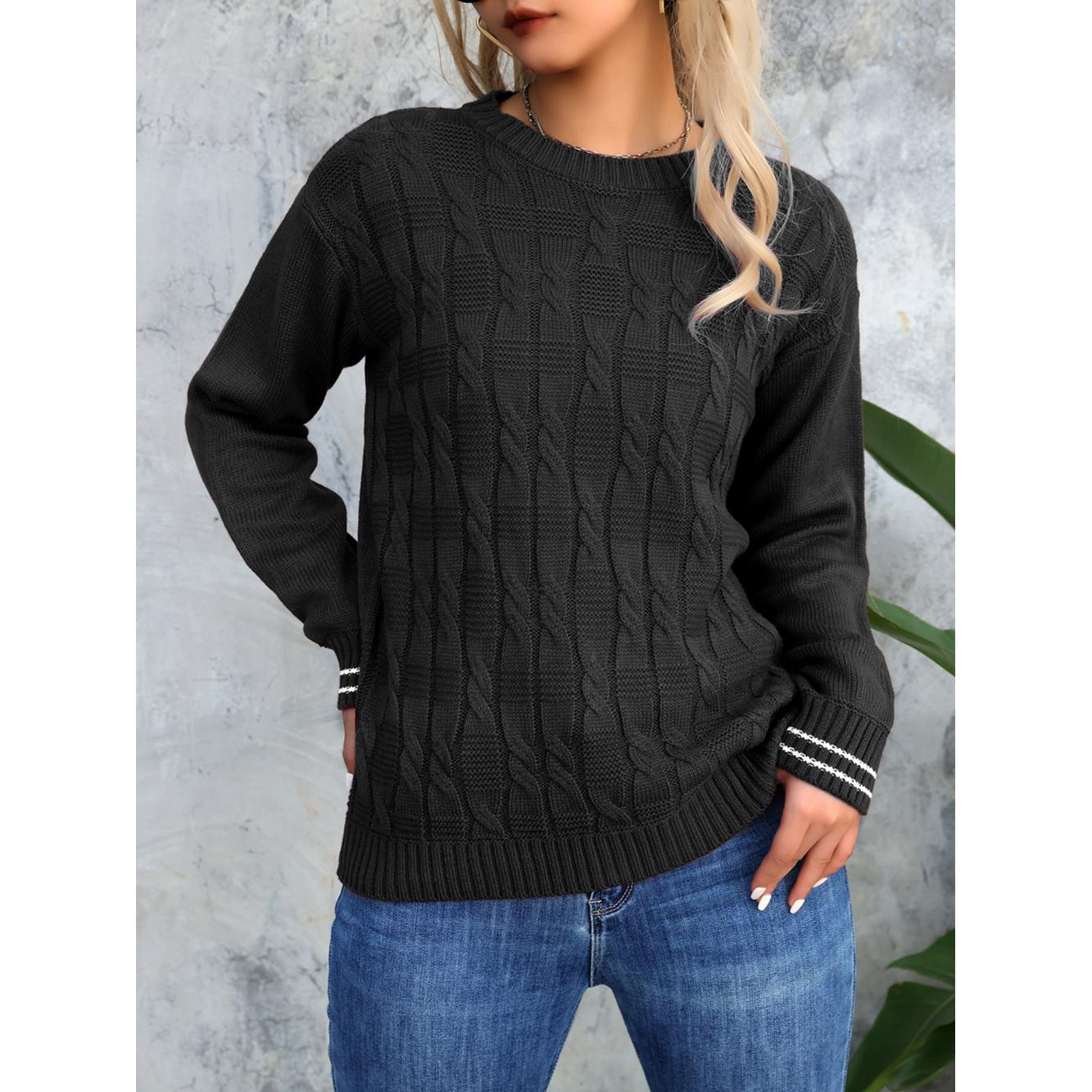 Women Cable Knit Round Neck Pullover Sweater