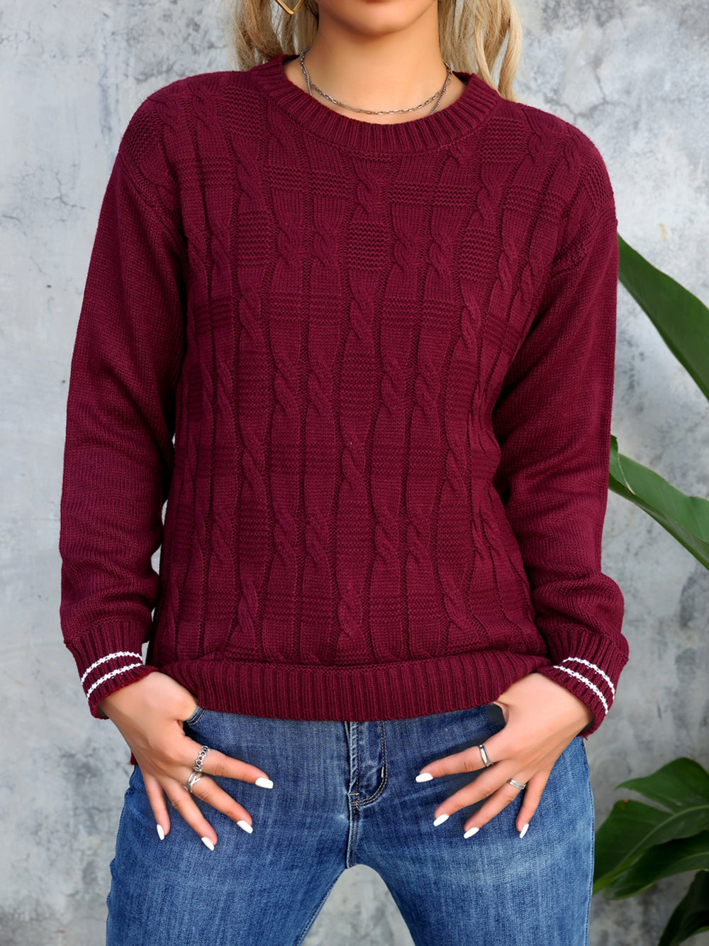 Women Cable Knit Self Design Pullover
