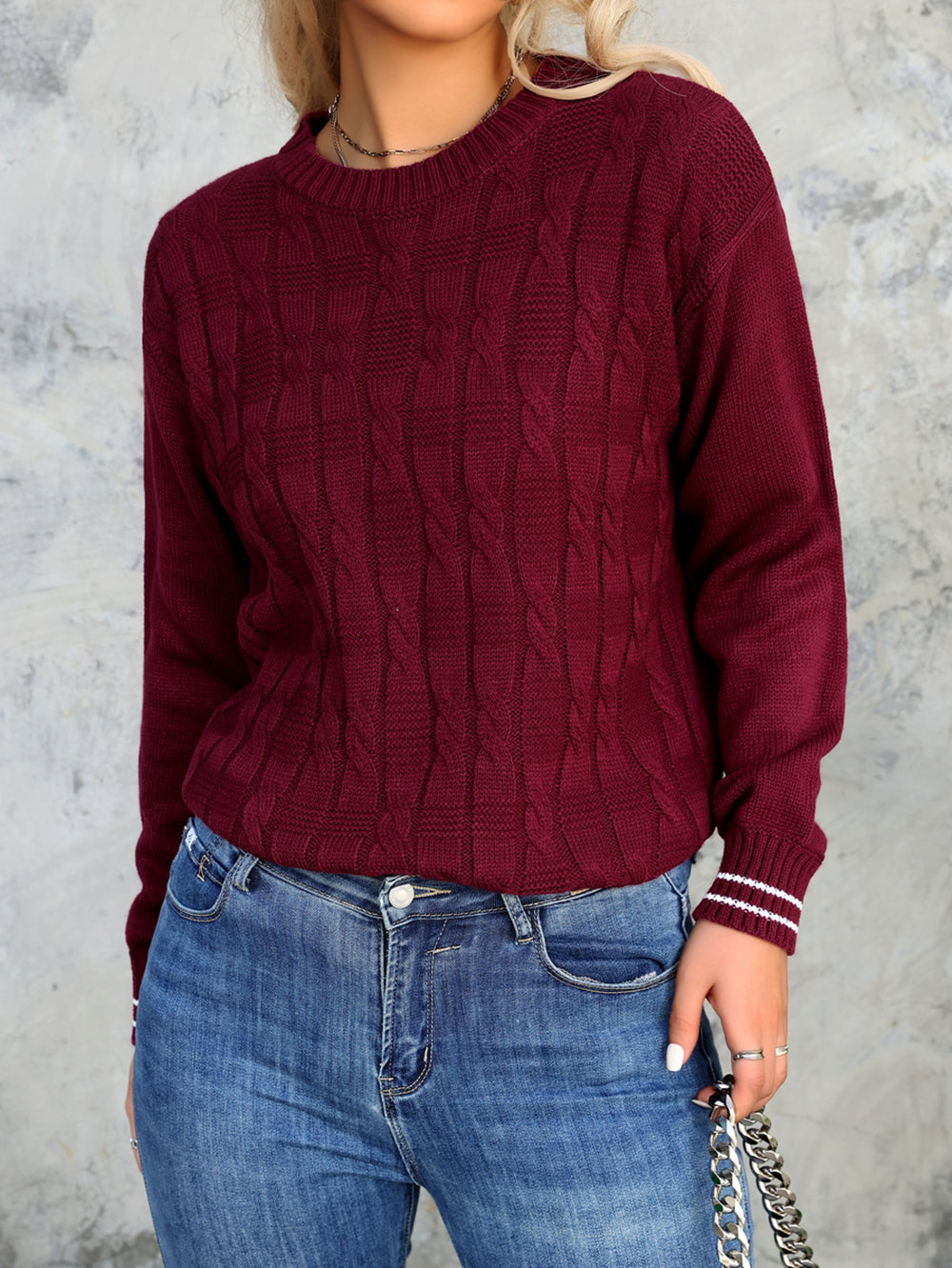 Women Cable Knit Self Design Pullover