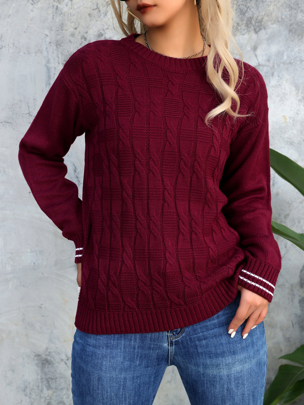 Women Cable Knit Self Design Pullover